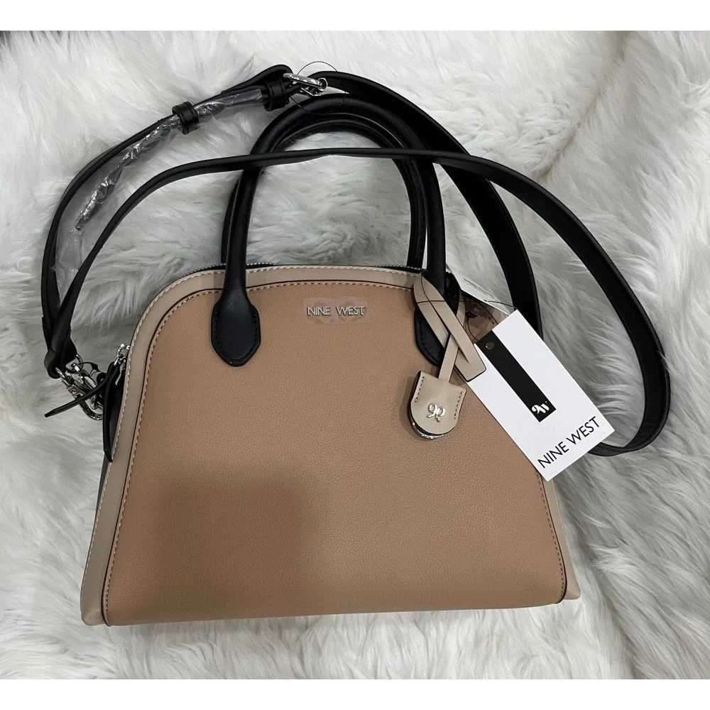 Nine West Women's Satchel Handbag Beige Black Top Handle Crossbody NWT